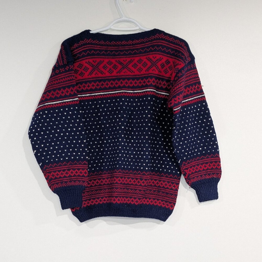 100% Wool Fairisle Boatneck Sweater Navy Blue Red White Size Small